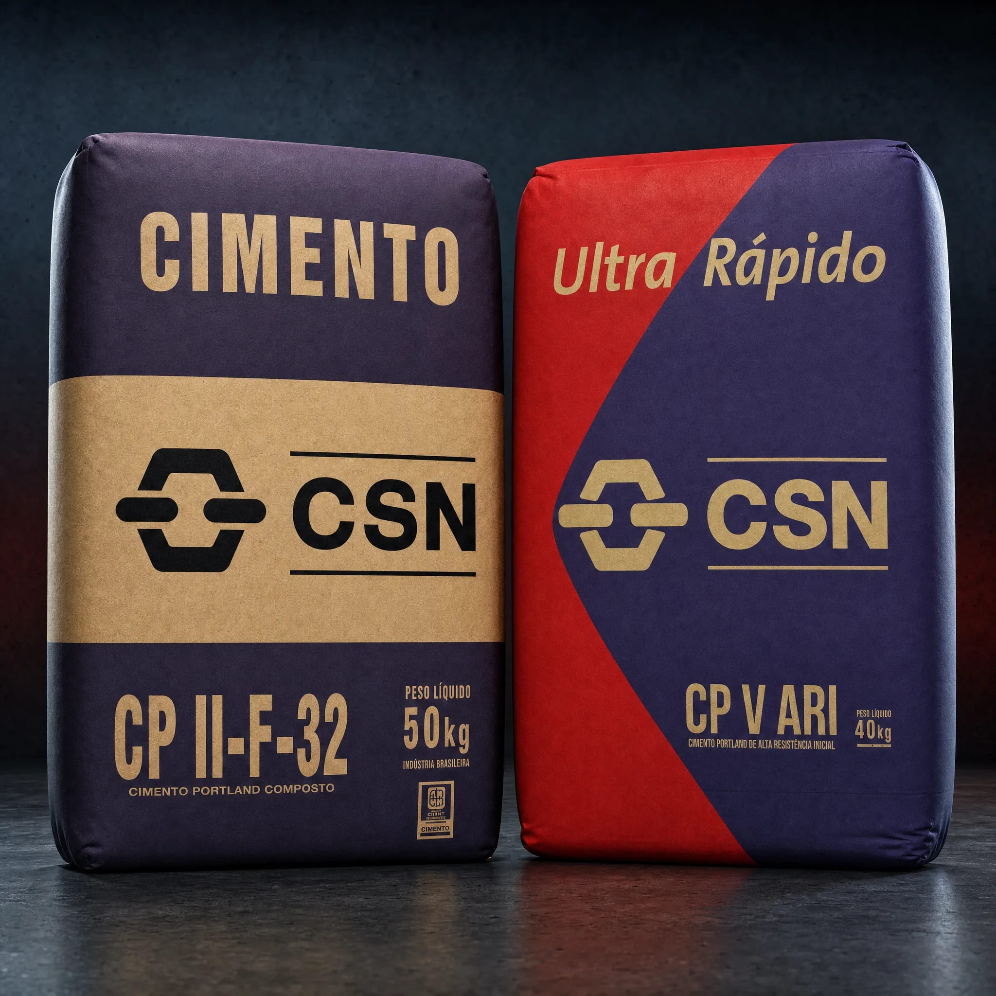 Cimentos CSN CP II e CP V apresentados em cenário de estúdio