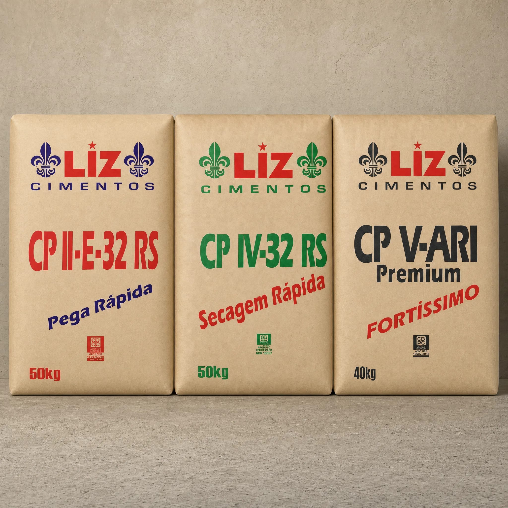 Linha de cimentos Liz CP II, CP IV e CP V em cenário de estúdio